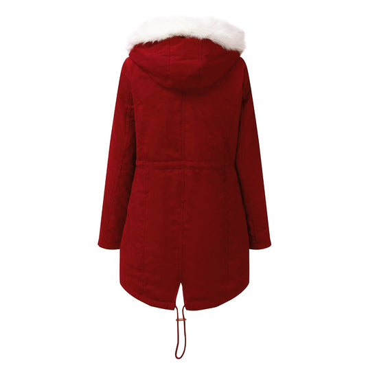 Women Cotton Padded Coat White Fur Collar Parka Mid Length Hooded Winter Warm Velvet Coat Woman Cotton Dress - Iyanka