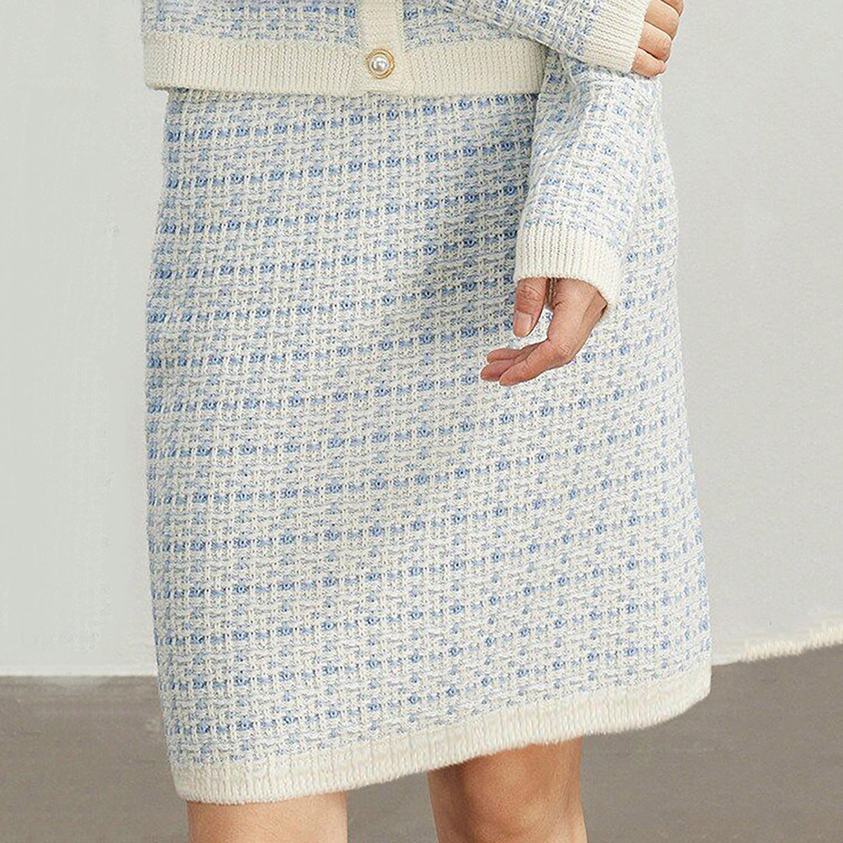 Western Classy Women round Neck Long Sleeve Stitching Plaid Knitted Sweater Top Hip Knitwear Skirt Outfit - Iyanka