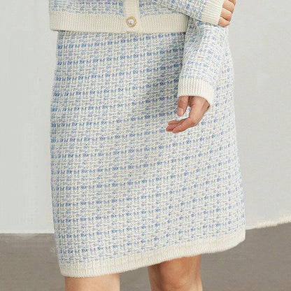 Western Classy Women round Neck Long Sleeve Stitching Plaid Knitted Sweater Top Hip Knitwear Skirt Outfit - Iyanka