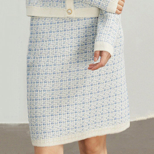 Western Classy Women round Neck Long Sleeve Stitching Plaid Knitted Sweater Top Hip Knitwear Skirt Outfit - Iyanka