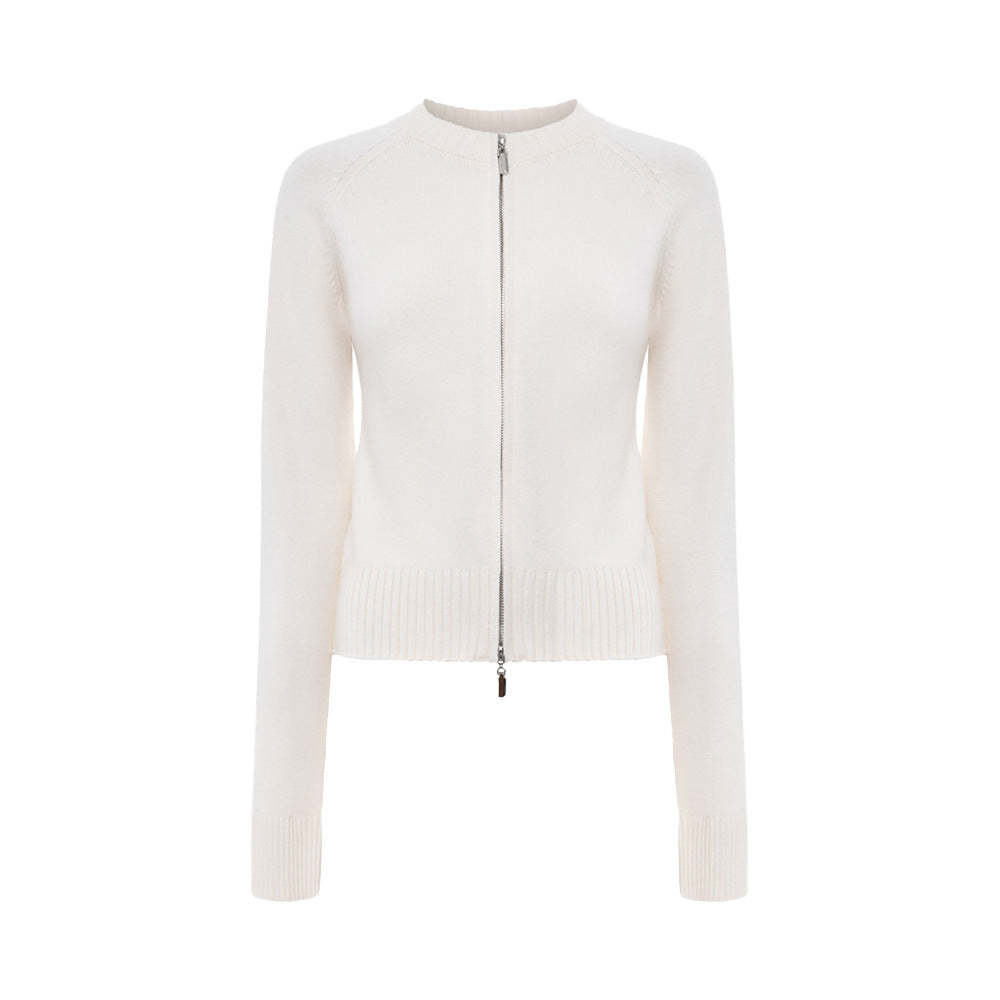 Stand up Collar Slim Fit Long Sleeved Coat Autumn Winter Double Zipper Cardigan Thermal Knitting Coat for Women - Iyanka
