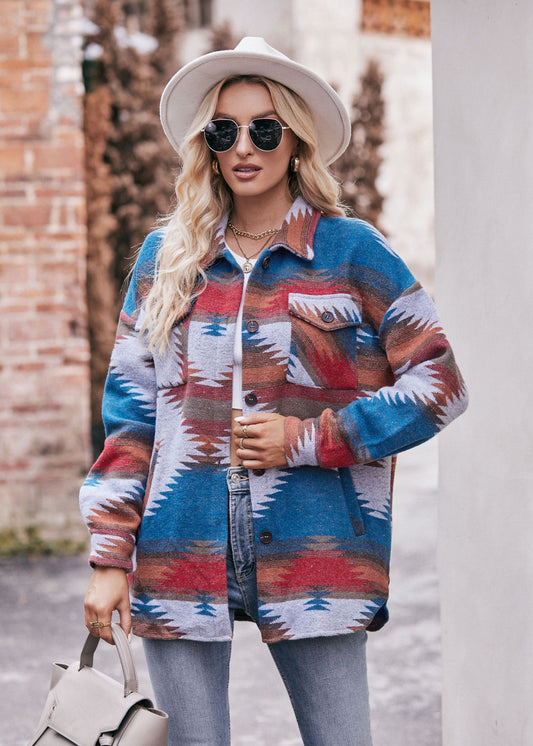 Women Autumn Winter Aztec Geometric Abstract Jacket Shirt Collared Woolen Coat - Iyanka