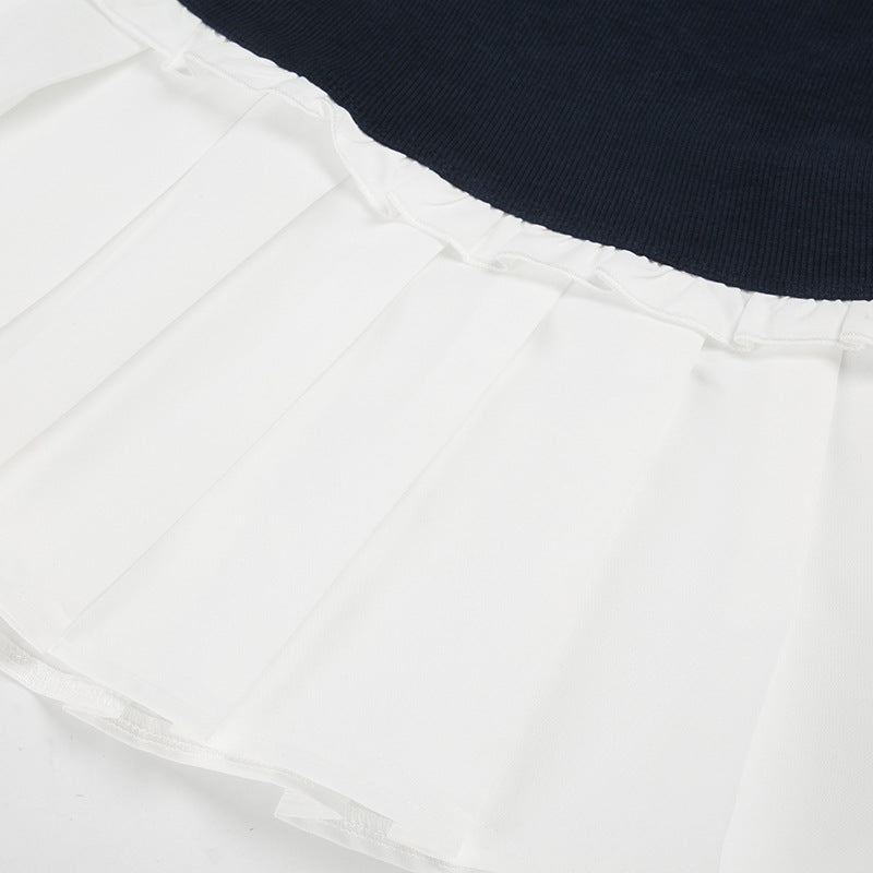Women Clothing Preppy Collared Shirt Contrast Color Pullover Dress Short Dress Waist Tight A line Pleated Dress