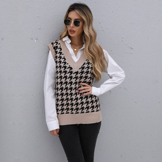 Early Autumn Women Wear Mid Length Houndstooth Sweater Vest for Women - Iyanka
