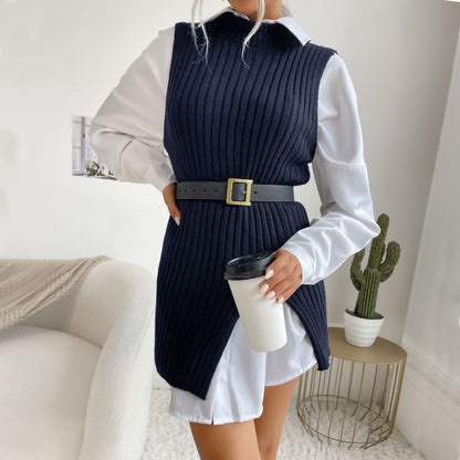 Dedicated for Early Autumn Middle East Women Split Solid Color Mid Length Vest Sweater - Iyanka
