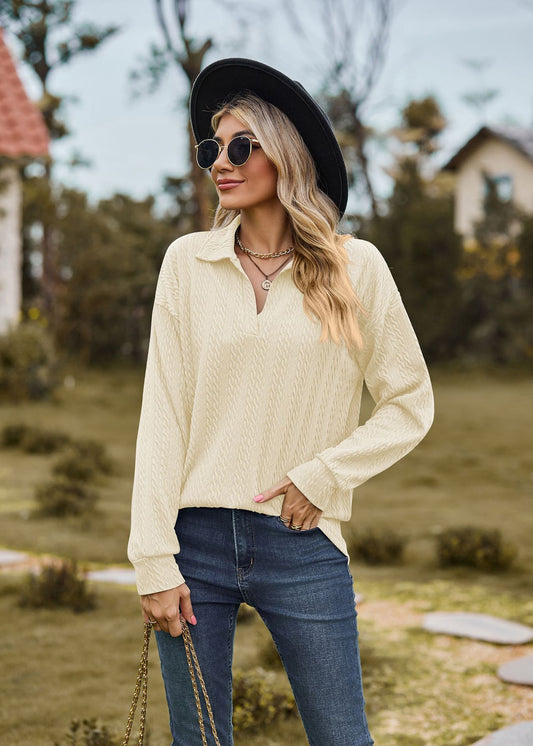 Autumn Winter Solid Color Polo Collar Loose Long Sleeve Sweatershirt Coat Women Jacket - Iyanka