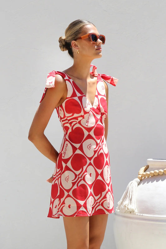 Summer Dress Printed V neck Lace up Mini Sling Dress