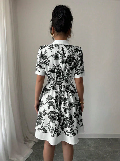 Women Clothing Summer Printing Lace up Waist Single Breasted Dress