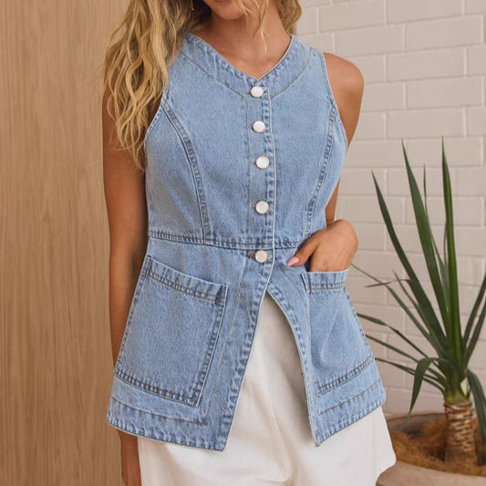 Women Clothing Summer Casual Slim Fit Buttoned Cardigan Denim Vest - Iyanka