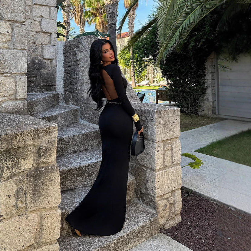 Round Neck Slim Fit Long Sleeved Sexy Backless Sheath Dress Women Clothing