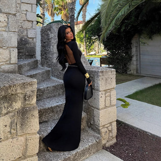 Round Neck Slim Fit Long Sleeved Sexy Backless Sheath Dress Women Clothing