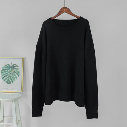 Round Neck Sweater Women Autumn Winter Loose Pullover Sweater Simple Solid Color Sweater - Iyanka