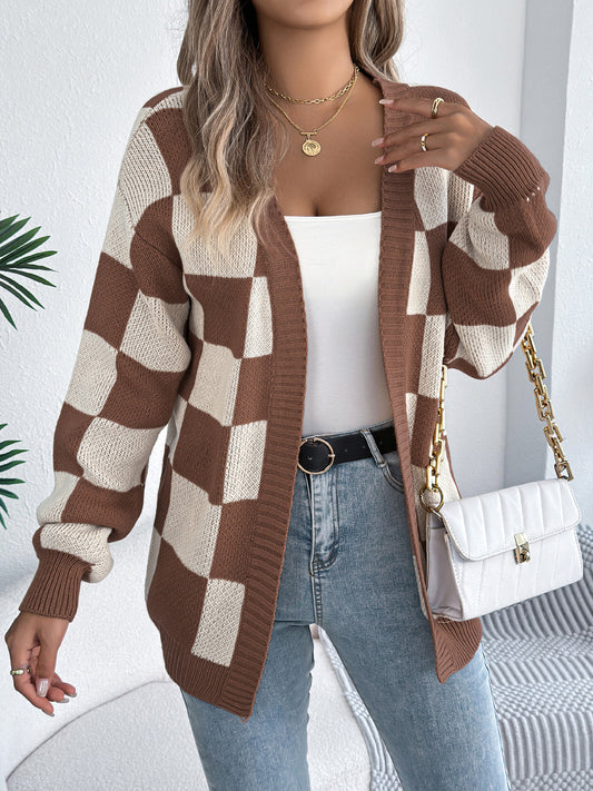 Autumn Winter Contrast Color Plaid Lantern Sleeve Cardigan Sweater Mid Length Coat Women Clothing - Iyanka