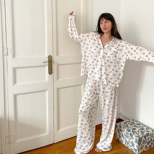 Autumn Knitted Cardigan Heart Printing Pajamas Two Piece Set Casual Comfortable Ladies Homewear - Iyanka