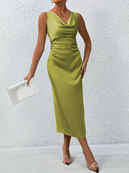 Women Spring Summer Summer Satin Maxi Dress Pleated Sexy Satin Dress - Iyanka