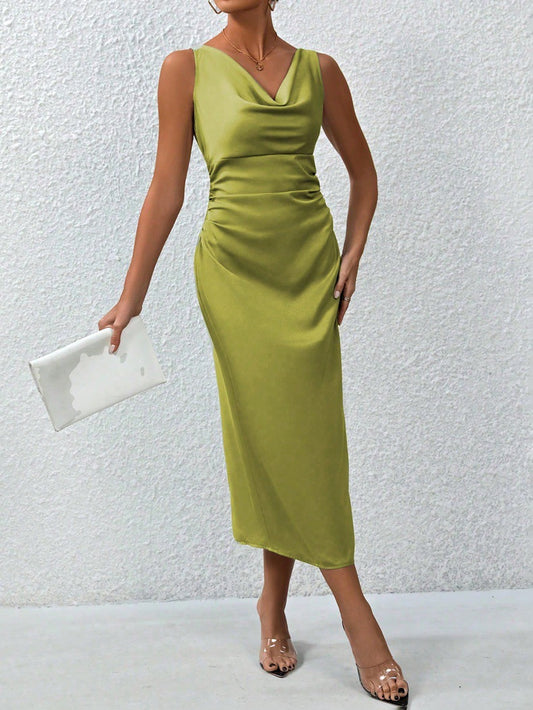 Women Spring Summer Summer Satin Maxi Dress Pleated Sexy Satin Dress - Iyanka