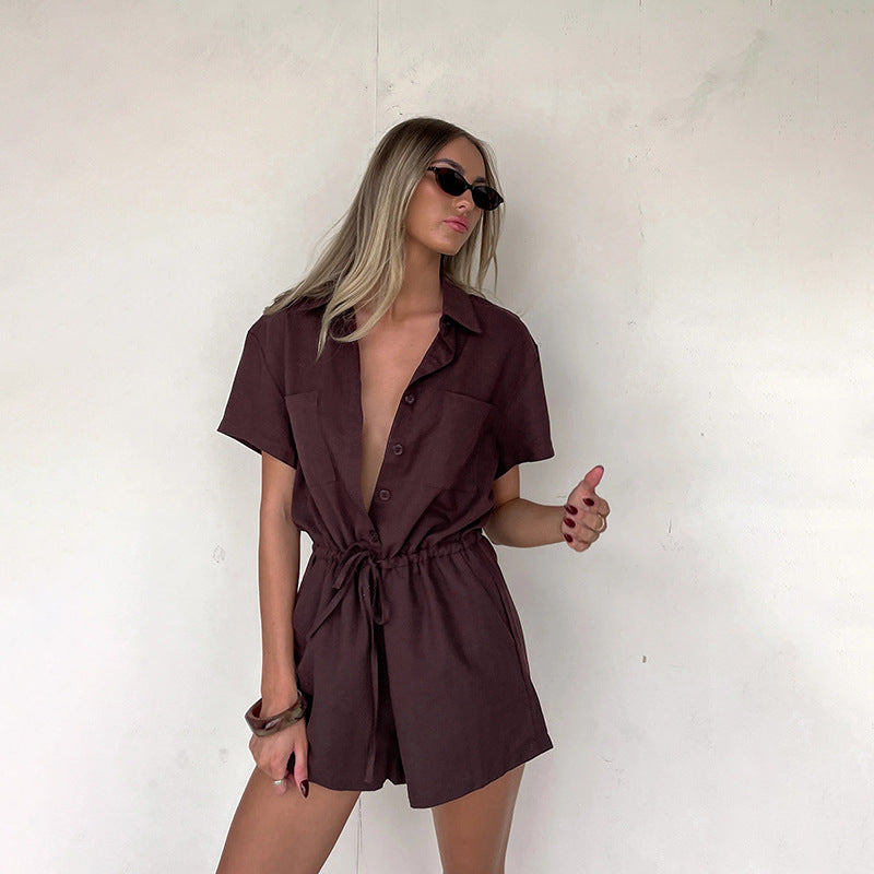 Shirt Collar Solid Color Waist Tight Short Sleeve Romper for Women Casual - Iyanka