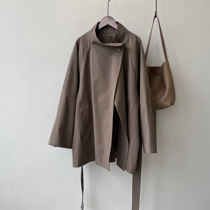 Retro Elegant Mid Length Trench Coat Women Spring Loose Waist Stand Collar Top - Iyanka
