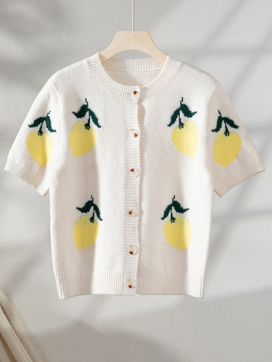 Fall Mango Pattern Knitwear Casual Short Sleeve Button Sweater Top Women - Iyanka