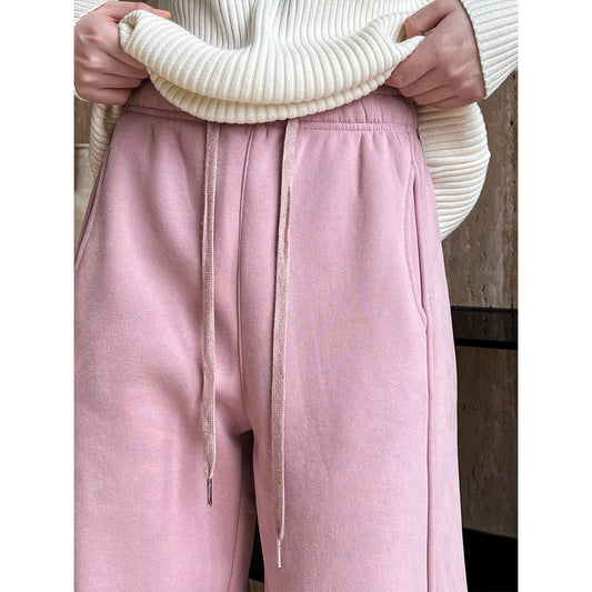 Sports Pink Drawstring Sweatpants for Women Autumn Winter Thermal Velvet Thickened Ankle Banded Pants - Iyanka