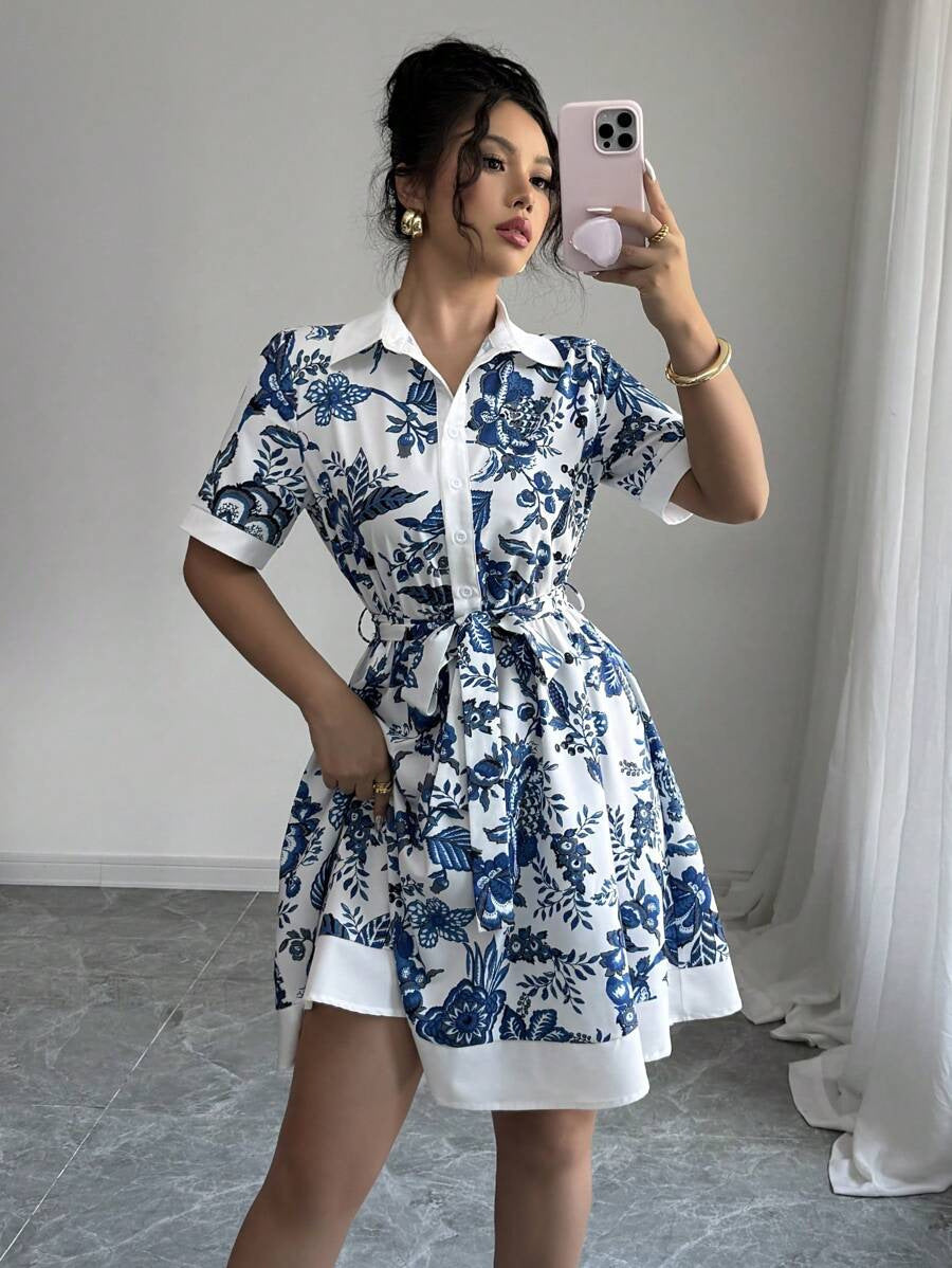 Women Clothing Summer Printing Lace up Waist Single Breasted Dress