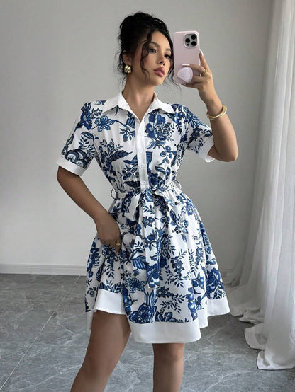 Women Clothing Summer Printing Lace up Waist Single Breasted Dress