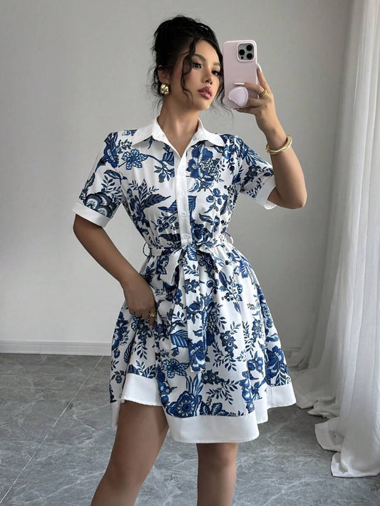 Women Clothing Summer Printing Lace up Waist Single Breasted Dress