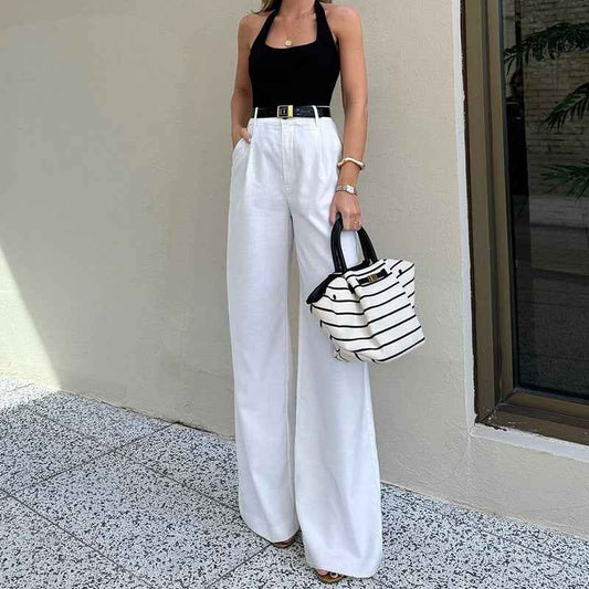 Solid Color High Waist Wide Leg Straight Trousers