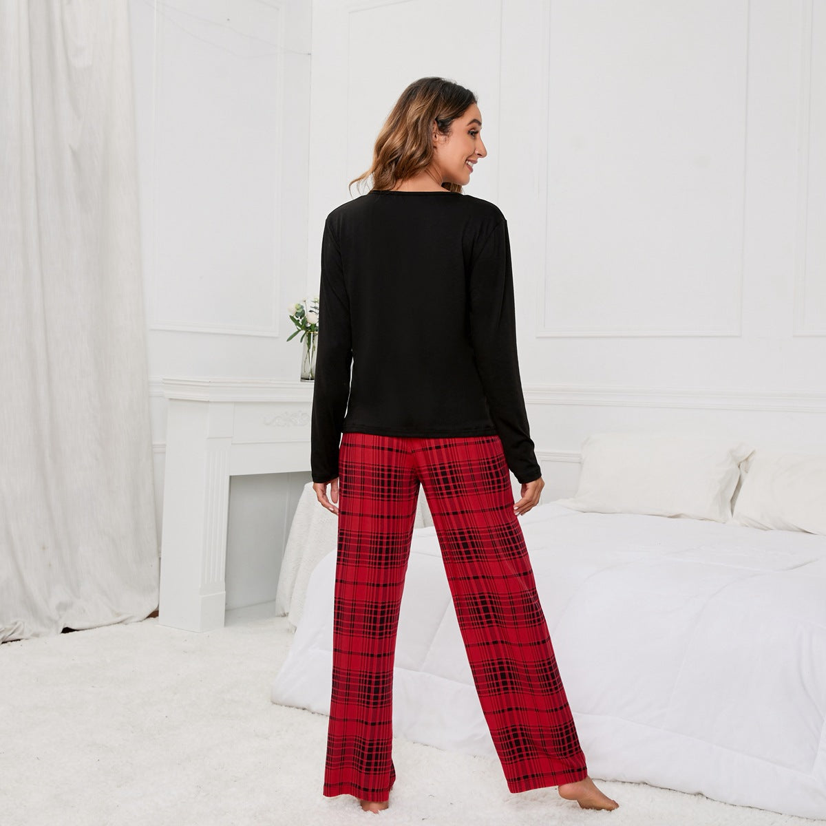 Solid Color round Neck T Printed Checks Women Casual Suit Homewear Pajamas Women - Iyanka