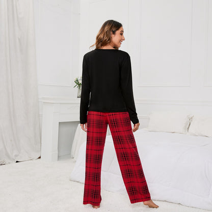 Solid Color round Neck T Printed Checks Women Casual Suit Homewear Pajamas Women - Iyanka