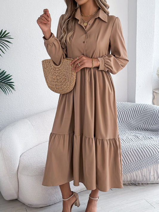Autumn Winter Collared Casual Loose Long Sleeve Ruffled Shirt Dress Women Clothing