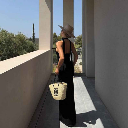 Women Clothing Summer Solid Color U Shaped Collar Sleeveless Halter Ribbon Backless Dress