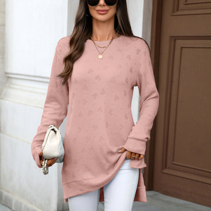 Autumn Winter Solid Color round Neck Loose Long Sleeve Split T shirt Top Women - Iyanka