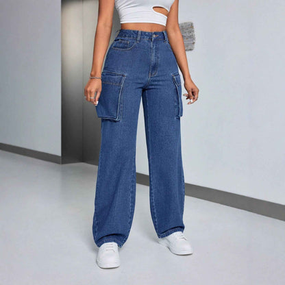 Large Pocket Loose Casual Women Clothing Straight-Leg Denim Trousers