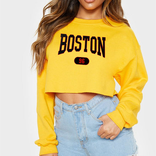 Women Clothing Autumn Winter Boston Letter Graphic Printing Cropped Long Sleeves Sweatshirt Women - Iyanka