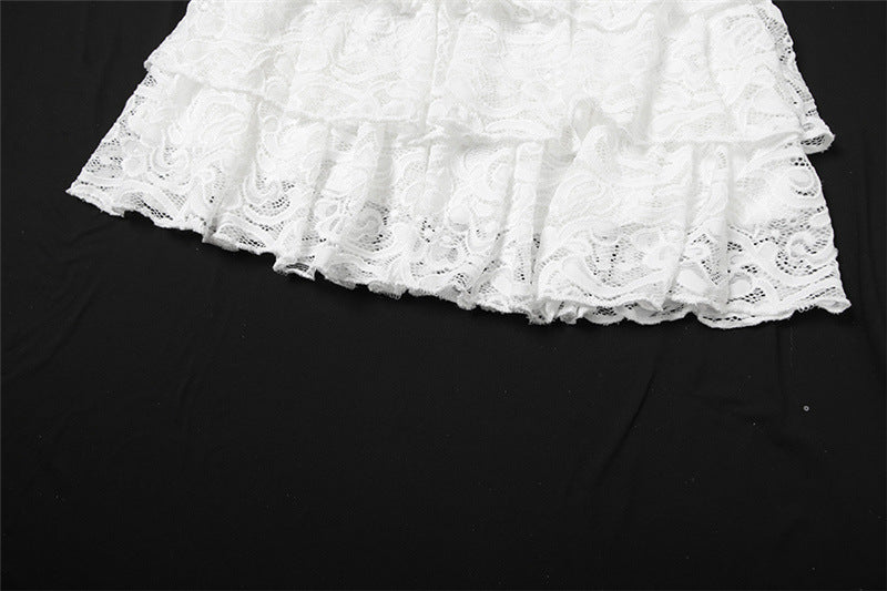 Women Clothing Autumn Slim Fit Sexy Flare Sleeve Ruffled Long Sleeve Lace Hollow Out Cutout out Skirt Two Piece Sets - Iyanka
