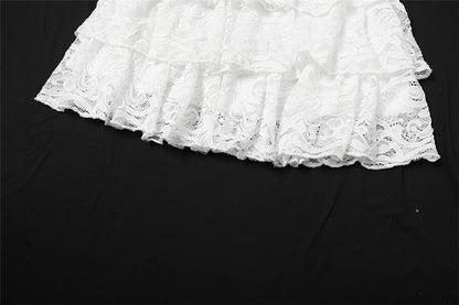 Women Clothing Autumn Slim Fit Sexy Flare Sleeve Ruffled Long Sleeve Lace Hollow Out Cutout out Skirt Two Piece Sets - Iyanka
