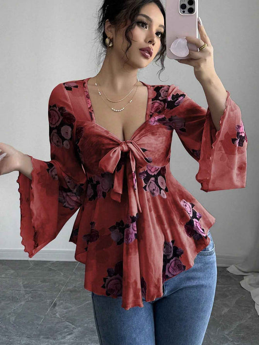 French Sweet Floral Blooming Lace up Square Collar Long Sleeve Shirt