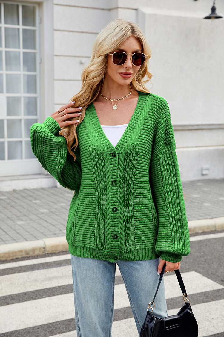 Women Clothing Idle Loose Sweater Coat Autumn Winter Long Sleeved V neck Twisted Knitted Sweater - Iyanka