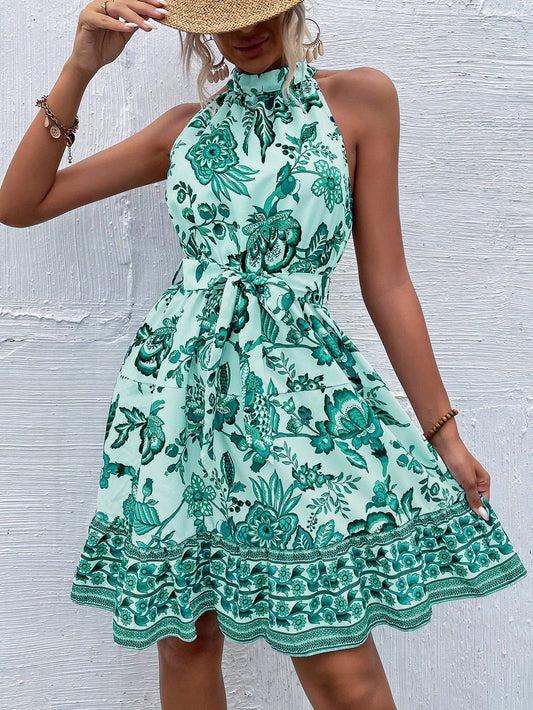 Summer Women Clothing Floral Tight Waist Halter Lace up Dress