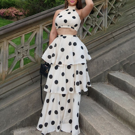 French Polka Dot Sweet Sexy Women ummer Halter Sleeveless Vest High Waist Flounced Skirt Set - Iyanka