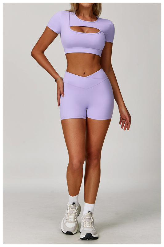 Summer Yoga Short Sleeve Hollow Out Cutout out Tight Shockproof Nude Feel Sports T shirt Running Fitness Sports Top - Iyanka