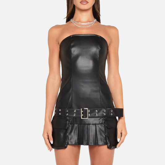 Women Clothing Faux Leather Dress Sexy Sexy Leather Coat Tube Top Short Dress - Iyanka