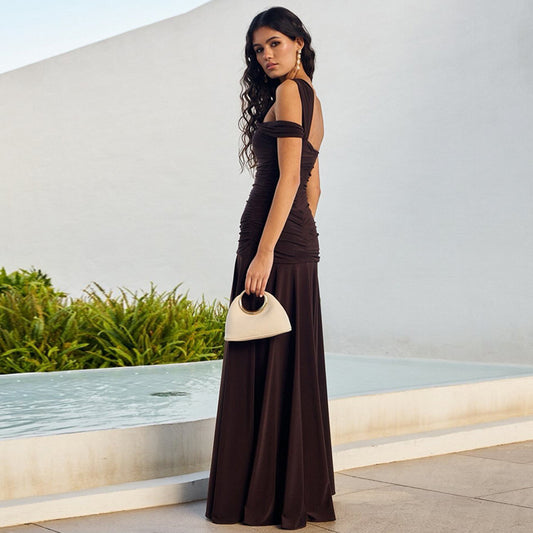 Arrival Solid Color Stitching Strap Shoulder Adult Lady like Woman Slim Fit Long Slit Dress Women