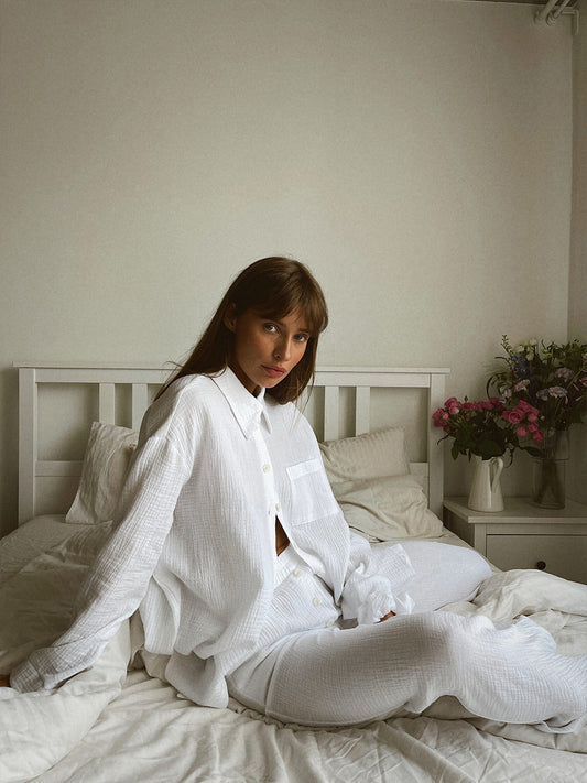 Cotton Ruffle Shirt Trousers Autumn Collared Ruffle Shirt Trousers Home Wear Two Piece Sets - Iyanka