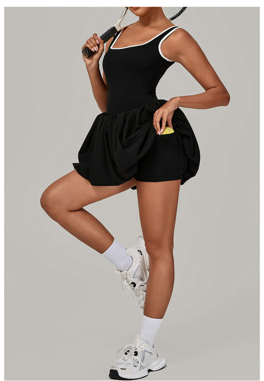 Contrast Color Nude Feel Faux Two Pieces Sports Dress Women Anti Exposure Bottoming Outdoor Running Fitness Tennis Dress - Iyanka