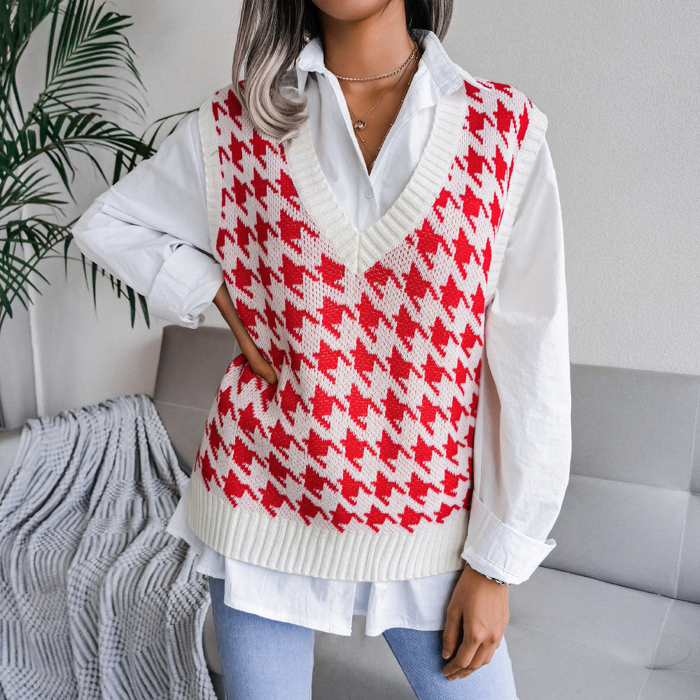 Autumn Winter V-neck Houndstooth Casual Loose Knitted Vest Sweater Waistcoat Women Clothing - Iyanka