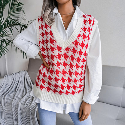Autumn Winter V-neck Houndstooth Casual Loose Knitted Vest Sweater Waistcoat Women Clothing - Iyanka