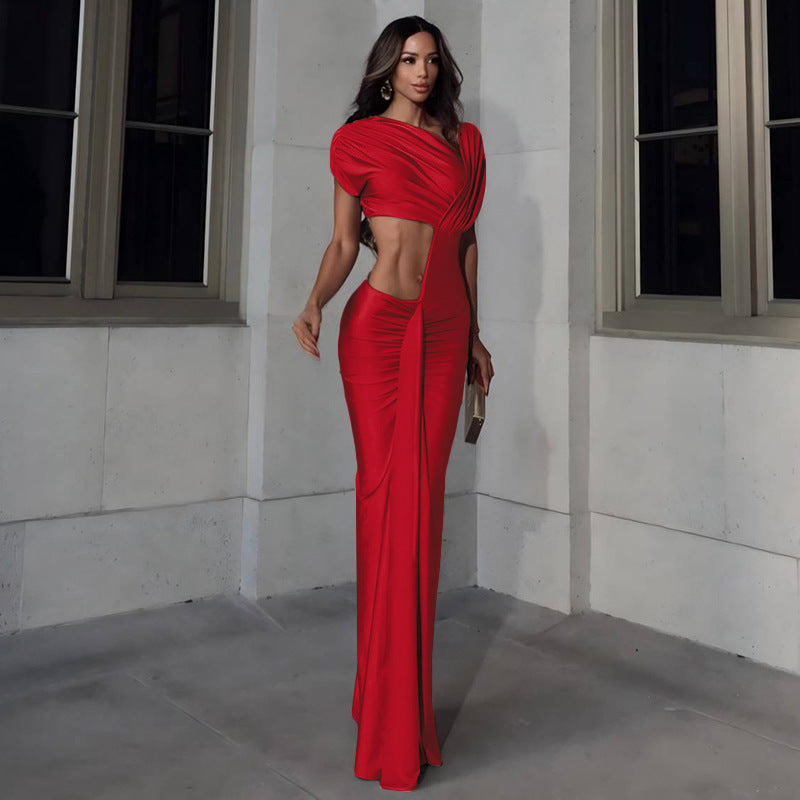 Winter Sexy Slim Fit Cropped Split Dress Solid Color Skinny Sheath Dress