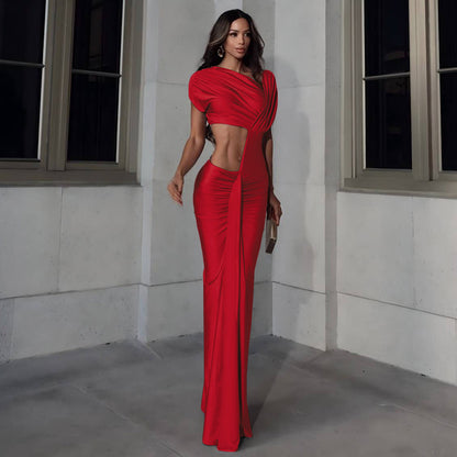 Winter Sexy Slim Fit Cropped Split Dress Solid Color Skinny Sheath Dress